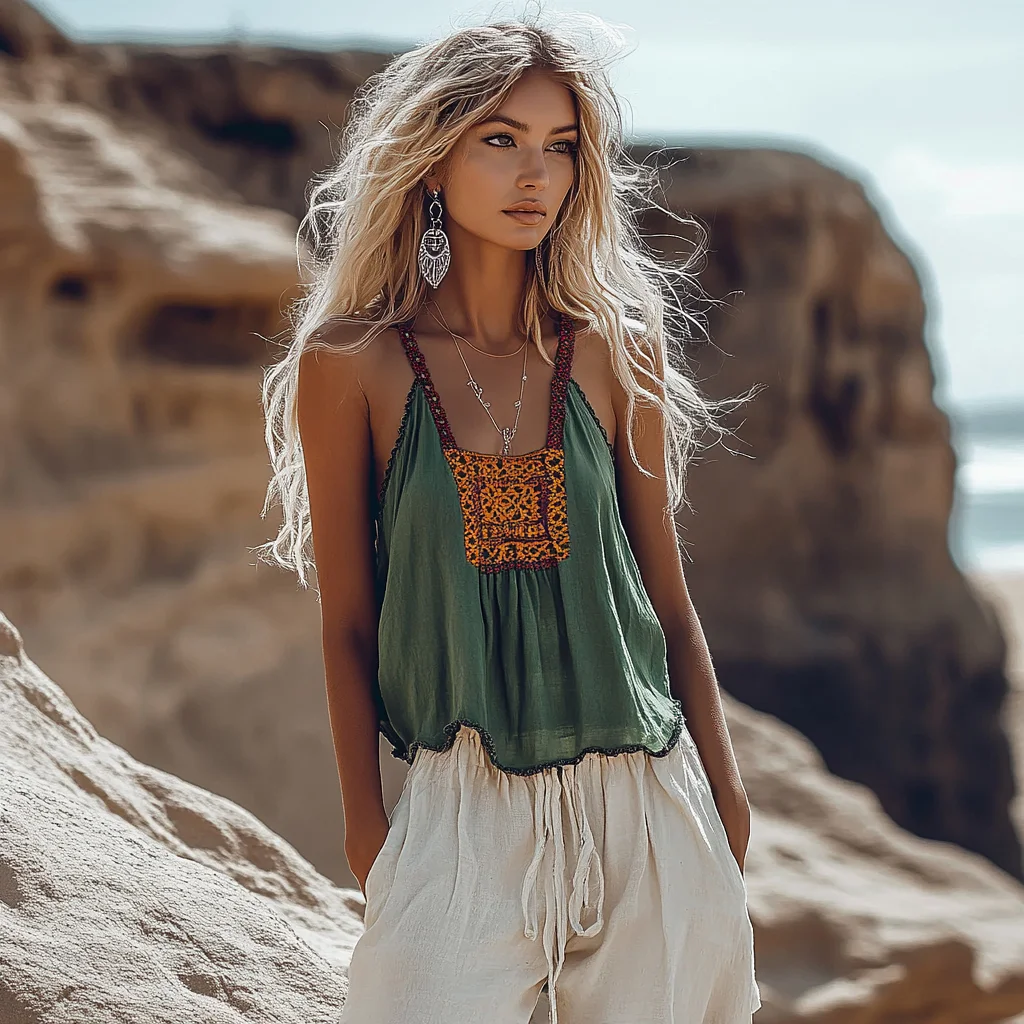 Girls' Bohemian Vintage Summer Linen Print Patchwork Comfortable Camisole