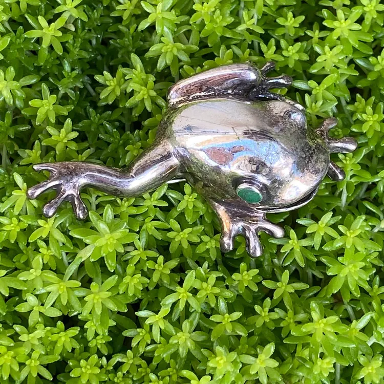 Vintage Sterling Silver Frog Pendant Pin with Turquoise Eyes