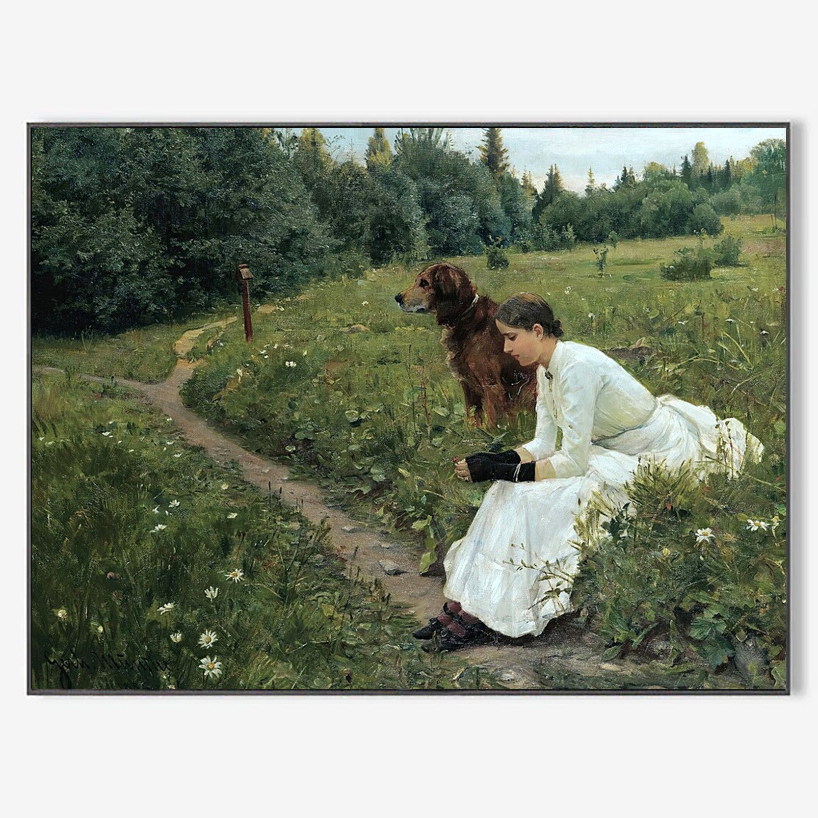 Arabelart AR512 Vintage Woman and Dog Landscape Painting