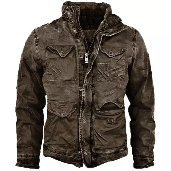 Mens Vintage Distressed Multi-pocket Thermal Outdoor Tactical Jacket