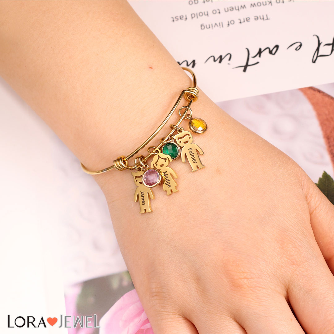 Women Bangle Bracelet with Kids Charms 3 Birthstones Engraved 3 Names Rose Box Set