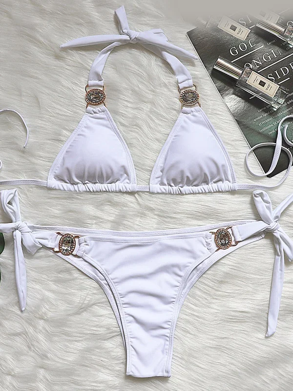 Solid Color Beaded Decorated Padded Triangles Tie Side Bikini Swimwear