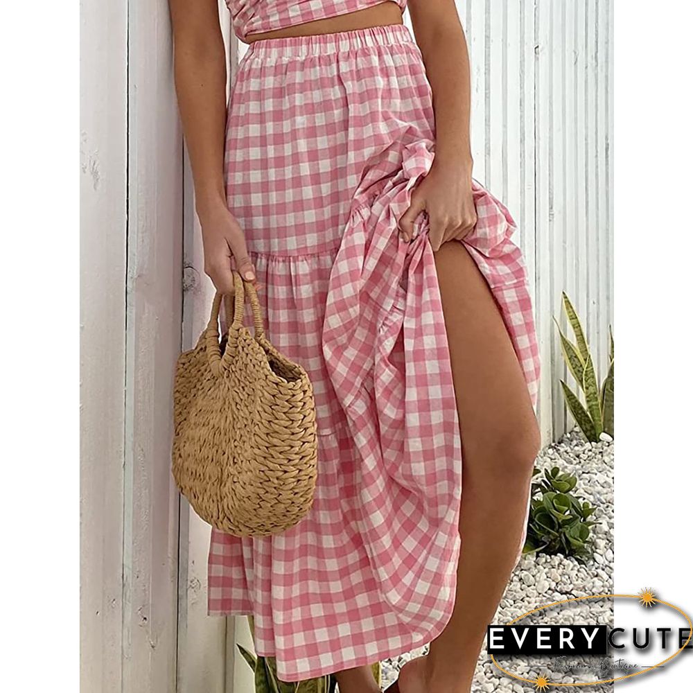 Pink Plaid Print Pocketed Maxi Skirt