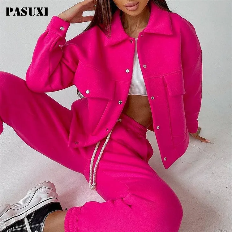 PASUXI Women's Winter Tracksuit Set - 2 Piece Long Sleeve Shacket with Pockets & Long Pants huanwei