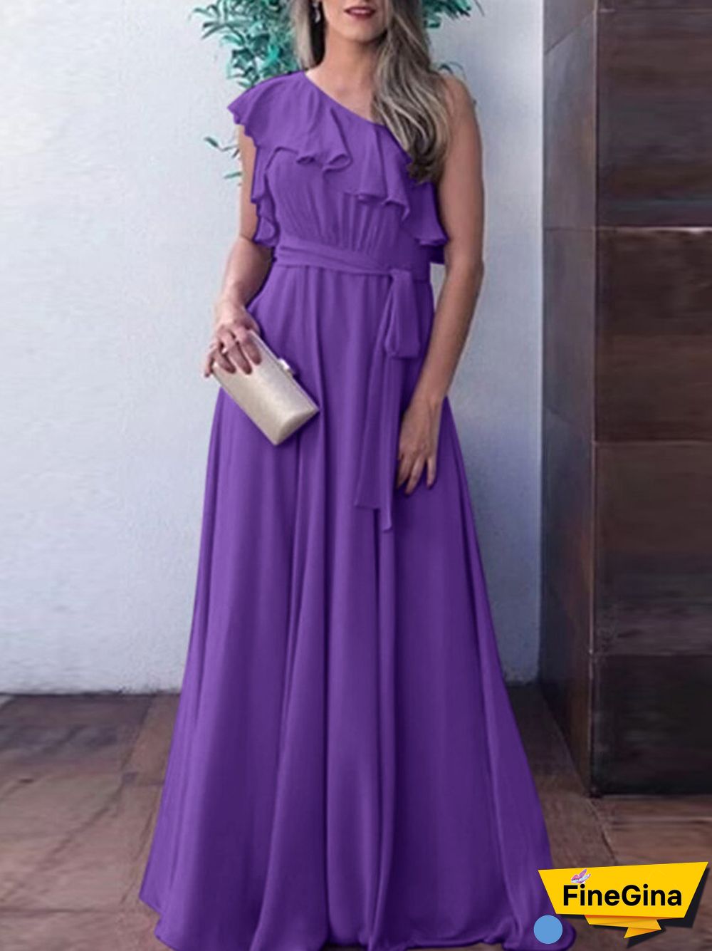 Asymmetrical One Shoulder Ruffle Belt Solid A-line Maxi Dress