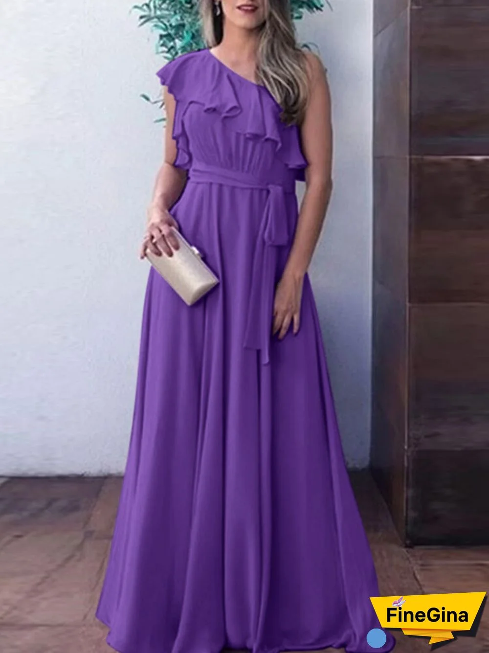 Asymmetrical One Shoulder Ruffle Belt Solid A-line Maxi Dress