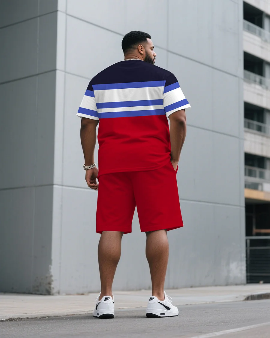 Men's Plus Size Fashion Contrast Blue & Red Large Polo Print Round Neck Short Sleeve T-Shirt Shorts Suit