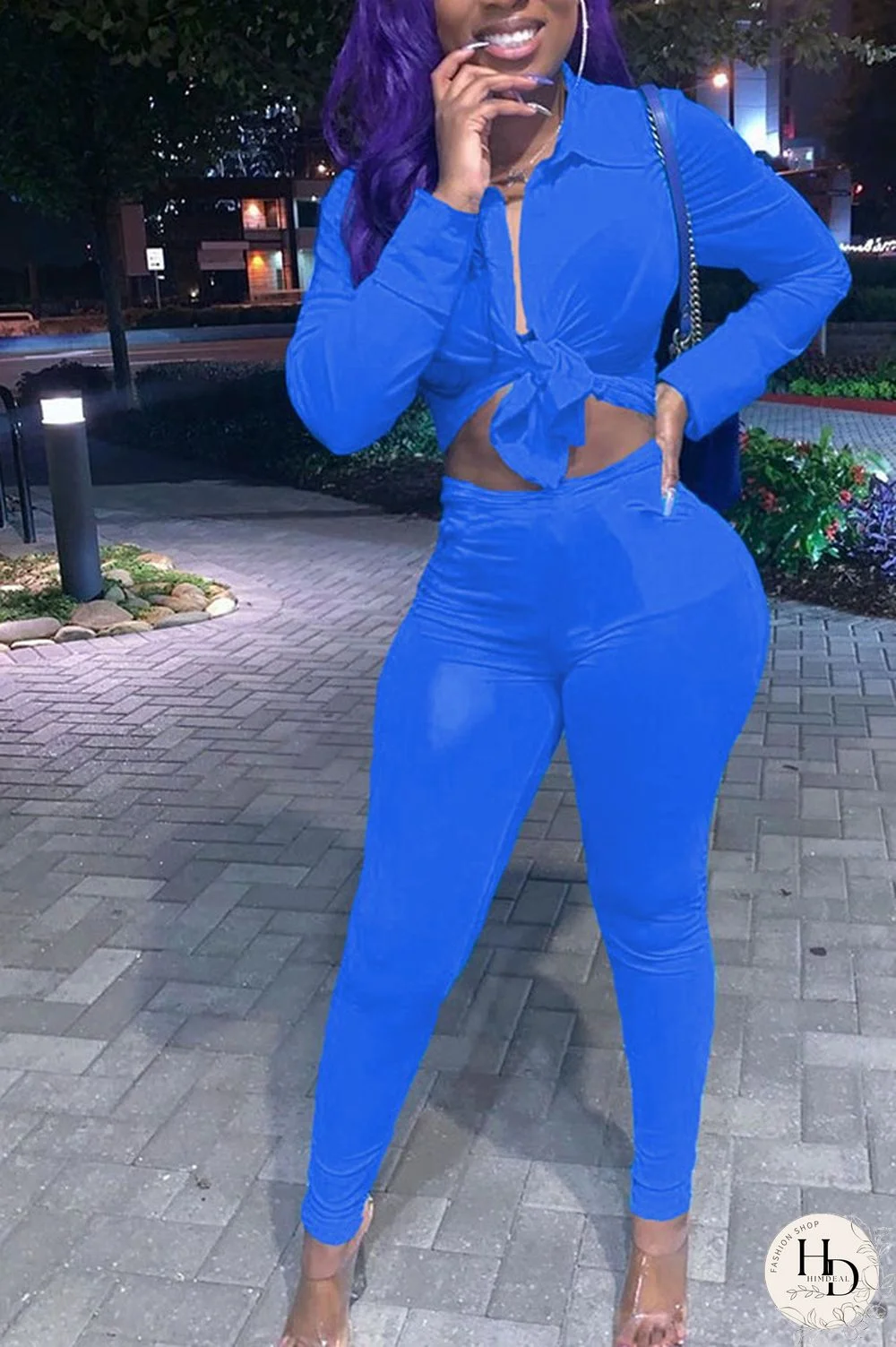 Peacock blue Polyester Sexy Solid Bandage Zippered pencil Long Sleeve Two Pieces