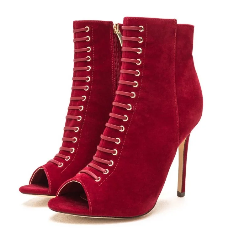 Red Lace Up Peep Toe Stiletto Heels Ankle Boots with Zipper |FSJ Shoes
