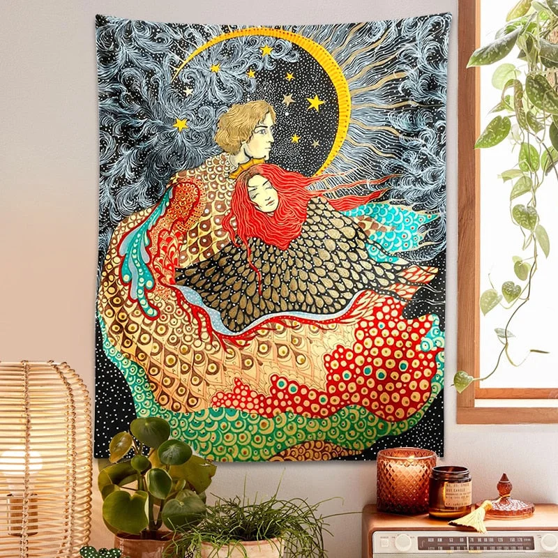 Psychedelic Girl Tapestry Wall Hanging Botanical Celestial Floral Tapestry Hippie Eye Wall Carpets Dorm Decor Starry SkyCarpet