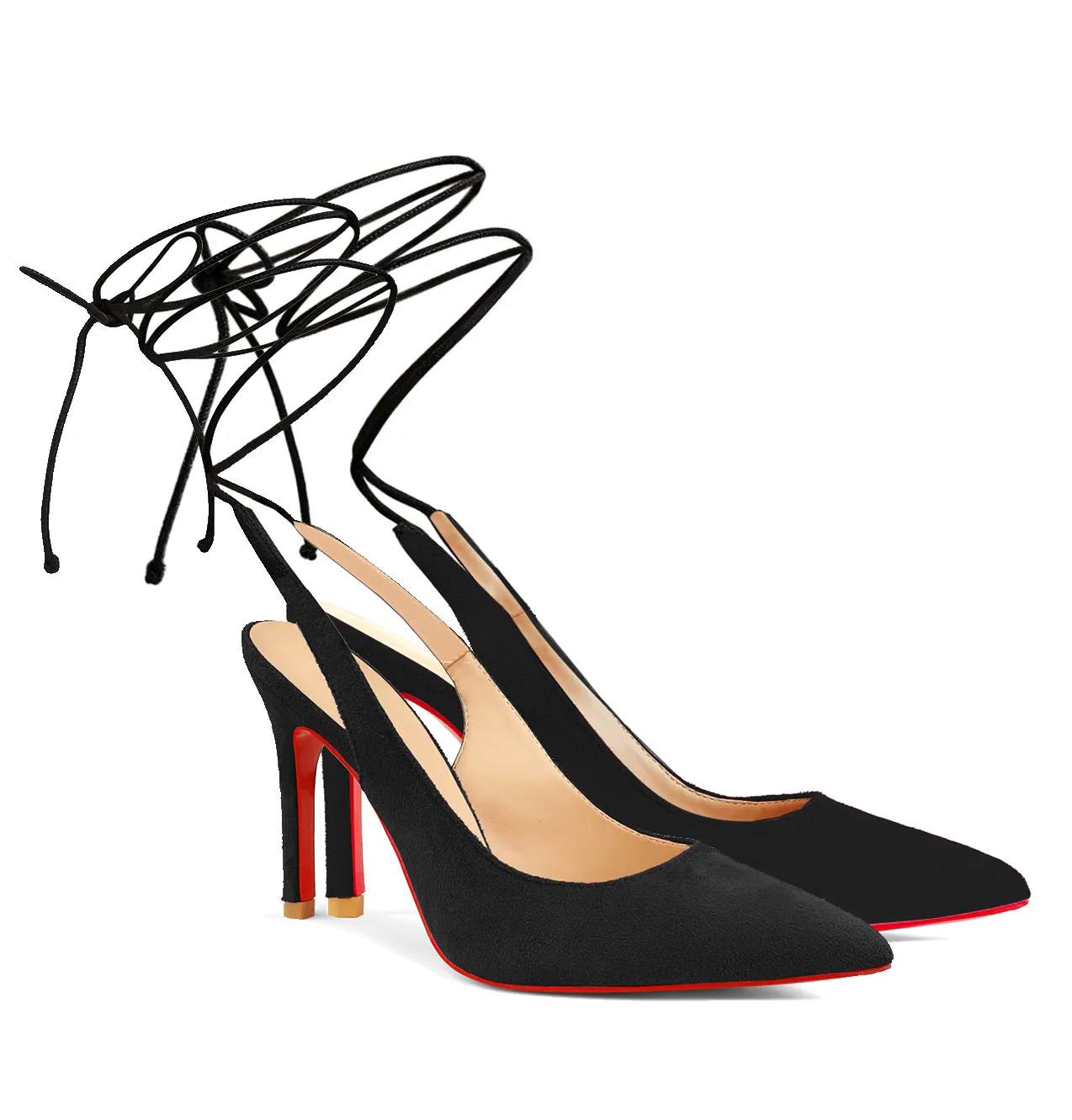 90mm Middle Heels Pointy Toe Strapy Red Bottom Slingback Pumps Suede Sandals-vocosishoes