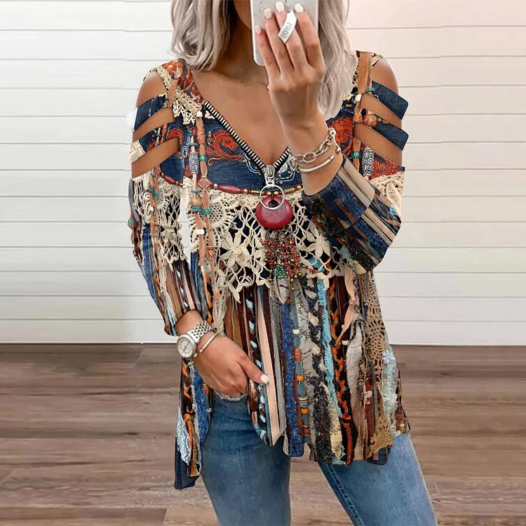 Western Denim Fringe Print V-Neck Off-Shoulder Long Sleeved T-Shirt