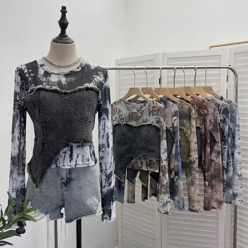 Uveng Solid Shooting Tie-Dye Print Spliced Denim T-Shirt Girl Autumn Design Sense Irregular Hair Side Short-Sleeved Top 2617