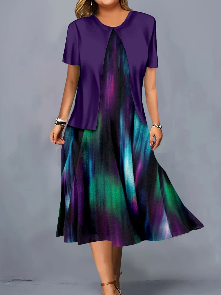 Plus Size Fake Two-Piece Round Neck Printed Short Sleeve Women's Dress