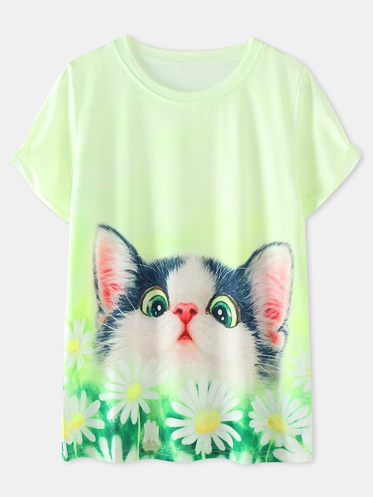 Cat Birds Flower Print V neck Short Sleeve Women Casual T shirt P1858625