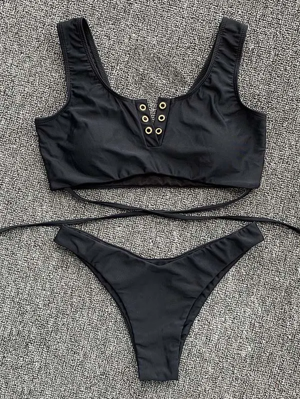 Sexy U-Neck Button Bandage Split Bikini Swimsuit