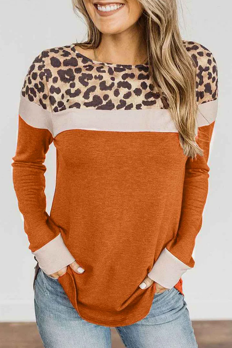 Colorblock Contrast Leopard Round Neck T-Shirt