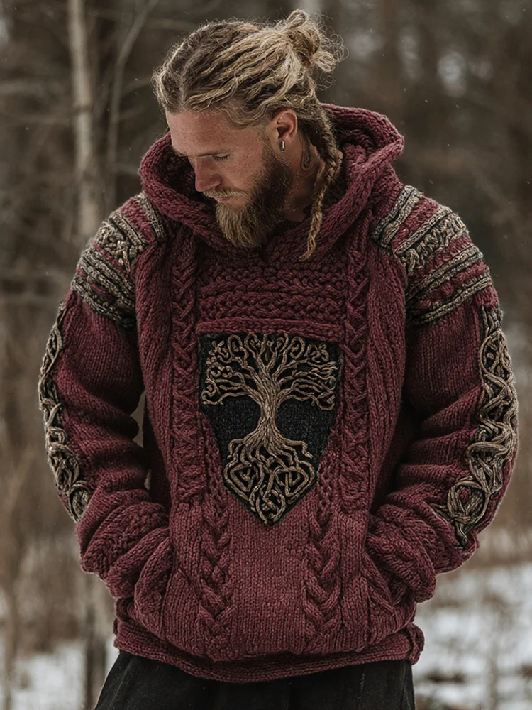 Men's Viking Celtic Tree Of Life Art Jacquard Chunky Knitted Cozy Hooded Sweater