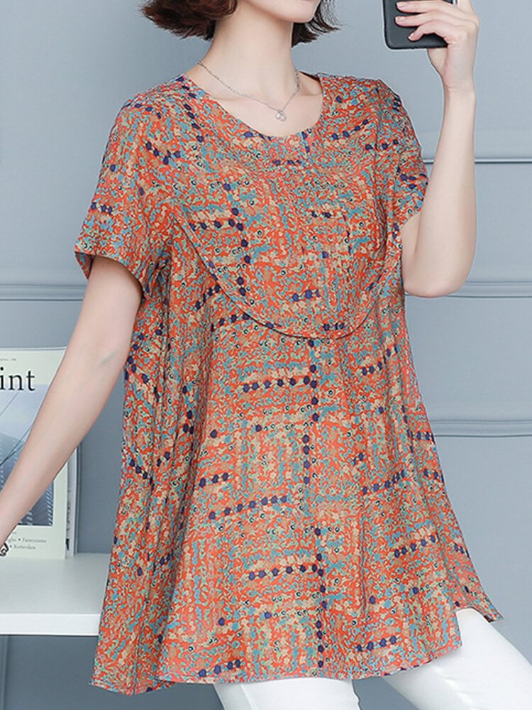 Colorful Print Short Sleeve Blouse For Women P1673999