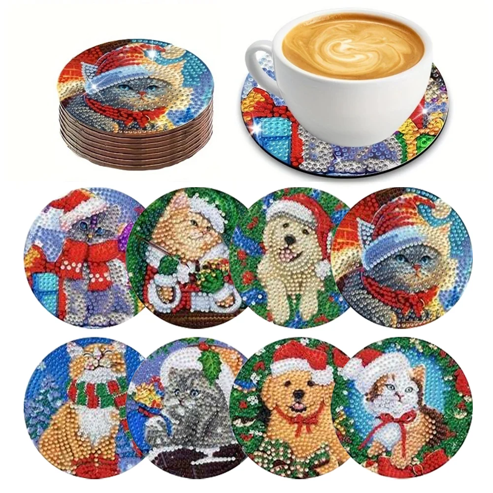 8Pcs Wooden Christmas Animal Diamond Painting Coasters with Holder Gift for Mom