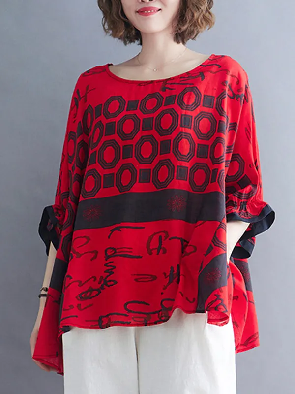 Batwing Sleeves Loose Flower Print Pleated Tasseled Round-Neck T-Shirts Tops