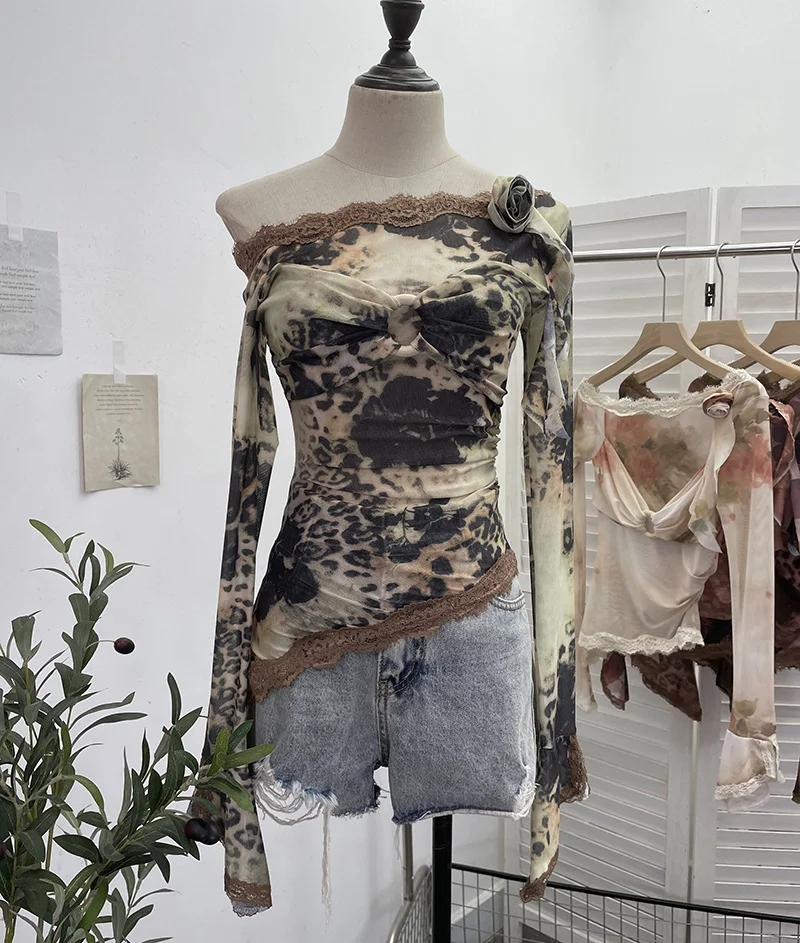 Churchf Real Shooting Lace Splicing Oblique Shoulder Thin Tie-Dye Mesh T-Shirt Girl T-Shirt T-Shirt Shawl T-Shirt 9986