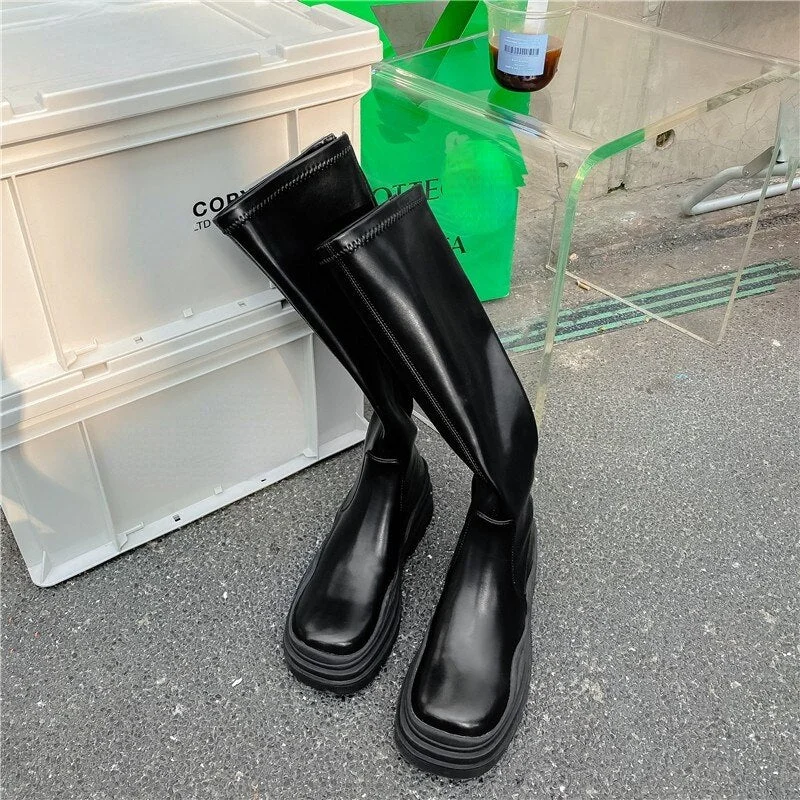 Platform Women Boots 2021 Winter Fashion Zipper Mid Heels Motorcycle Boots Punk Designer New PU Leather Knee High Botas Shoes