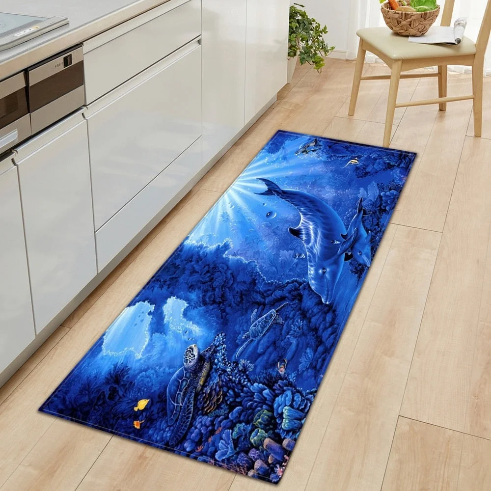 3D Ocean World Fish Carpet Kitchen Mat Entrance Doormat Bedroom Home Floor Decoration Living Room Carpet Bathroom Anti-slip Rug