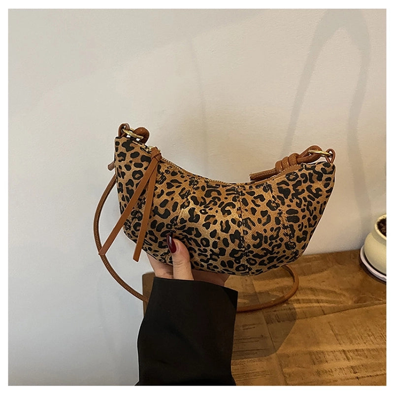 Women’s Canvas Leopard Vintage Style Dumpling Shape Zipper Shoulder Bag Crossbody Bag