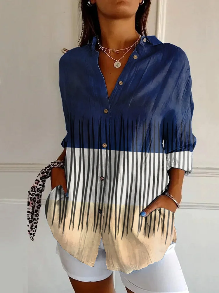 Vintage Striped Abstract Art Print Casual Long-sleeved Shirt
