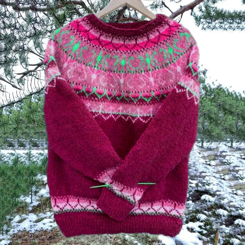 Vintage Icelandic Knit Jacquard Warmth Blue Crew Neck Sweater(Unisex)