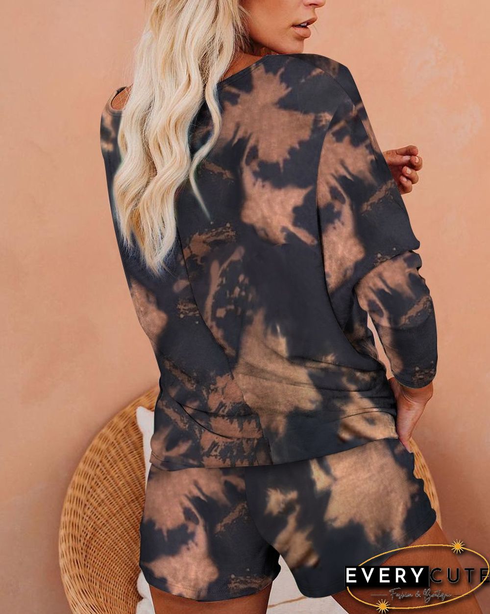 Tie Dye Print Long Sleeve Top & Drawstring Shorts Set