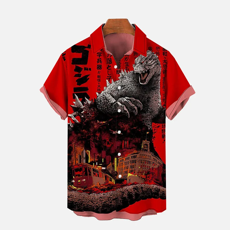 VChics Vintage Monster Godzilla And Cruise Ship Printing Short Sleeve Shirt