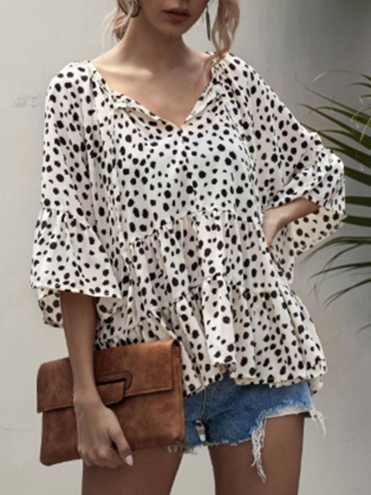 3/4 Sleeve Polka Dot Print V neck Casual Blouse For Women P1757940