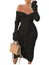 Urban Solid Color Drawstring Long Sleeves Off-The-Shoulder Midi Dress
