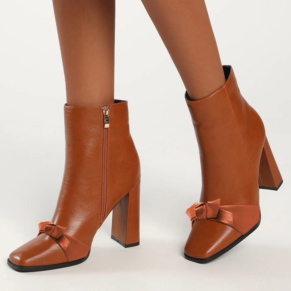 Elegant Brown Square Toe Knotted Chunky Heel Ankle Boots with Zip Nicepairs