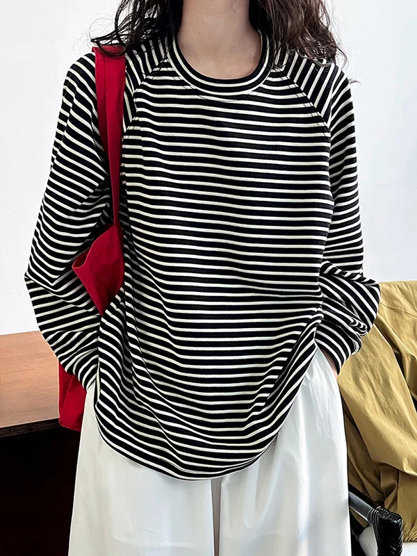 Long Sleeves Loose Contrast Color Striped Round-Neck Sweatshirt Tops