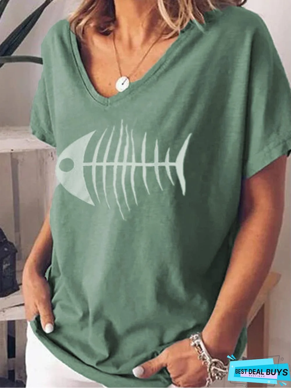 Cotton-Blend V Neck Short Sleeve Casual T-shirt