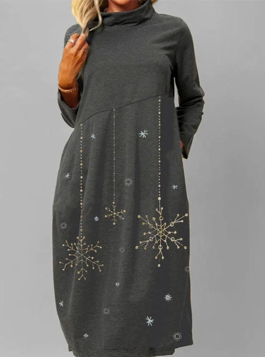 Fashion Snowflake Print Long Sleeve Casual Round Neck Shift Dress | EGEMISS