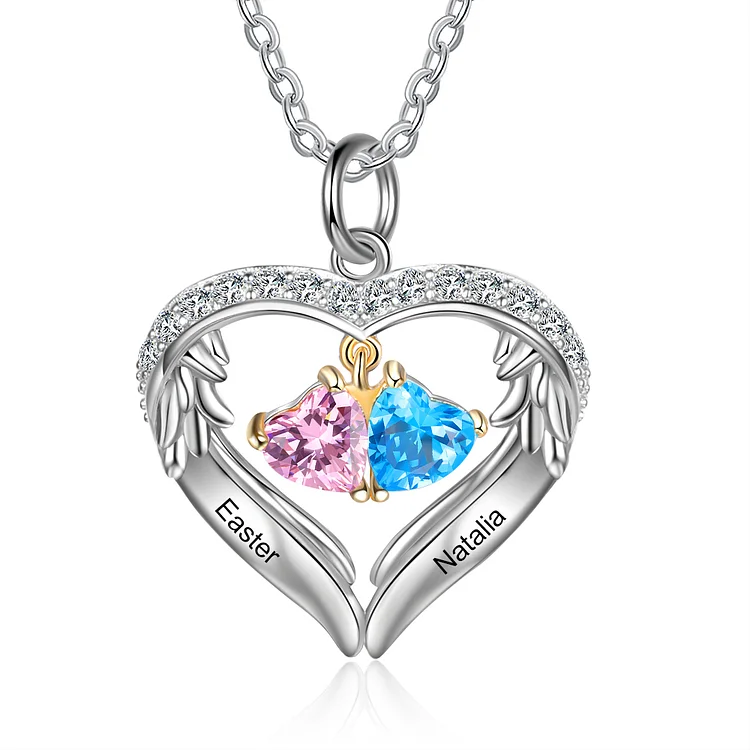 Personalized Diamond Heart Necklace with 2 Birthstones Wings Necklace