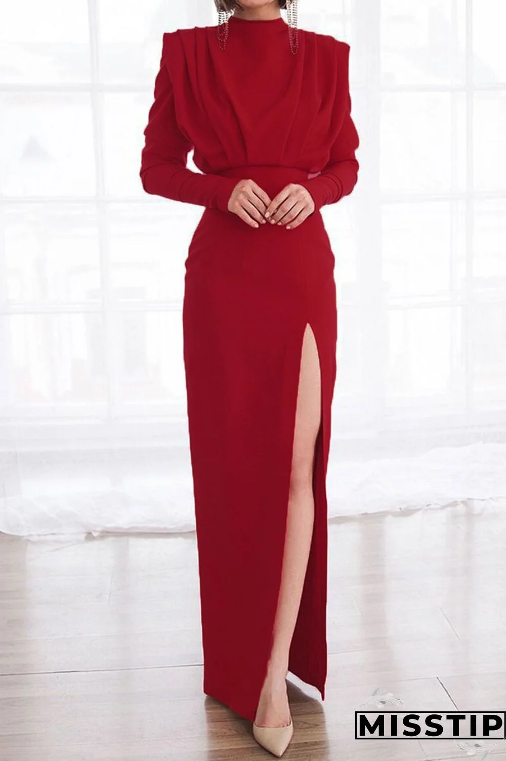 Black Elegant Solid Patchwork Backless Slit Fold O Neck Straight Dresses