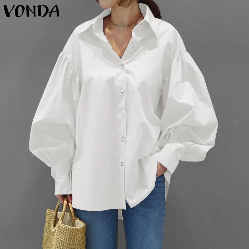 Casual Shirts Casual Lantern Sleeve Turn-down Collar Blouse 2022 VONDA Vintage Solid Tops Female Office Ladies Shirts Blusas