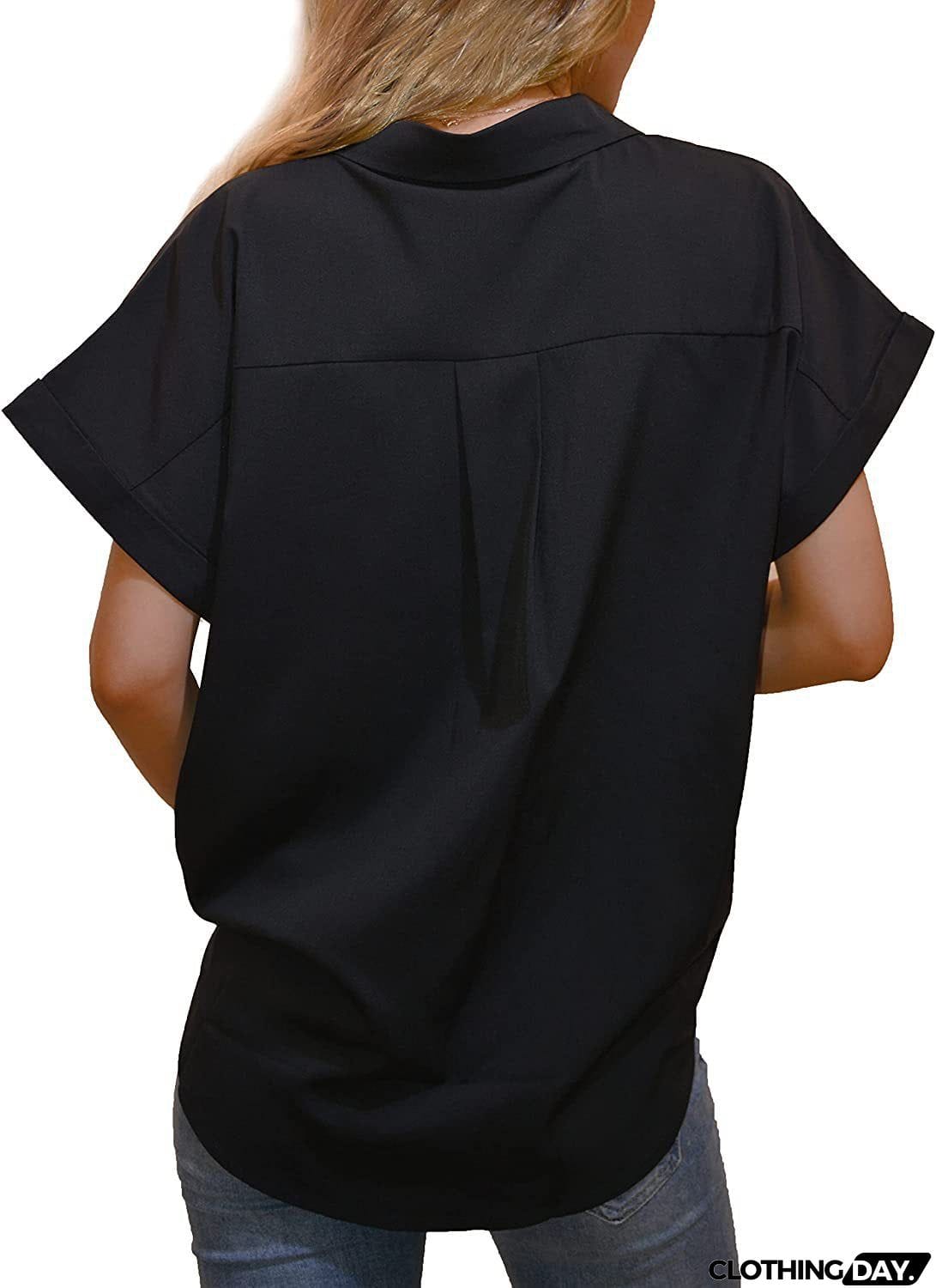 Women's Short-sleeved T-shirt V-neck Button-up Blouse