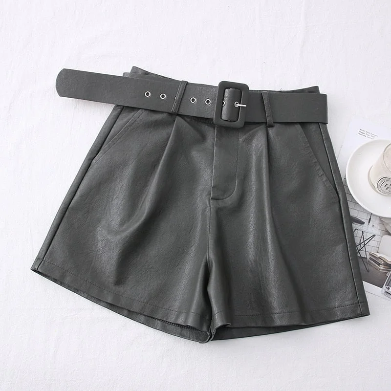Graduation Gifts  2023 Women's New Autumn Winter  PU Leather Shorts  All-match Sashes Wide Leg Short Ladies Leather Shorts Female Casual