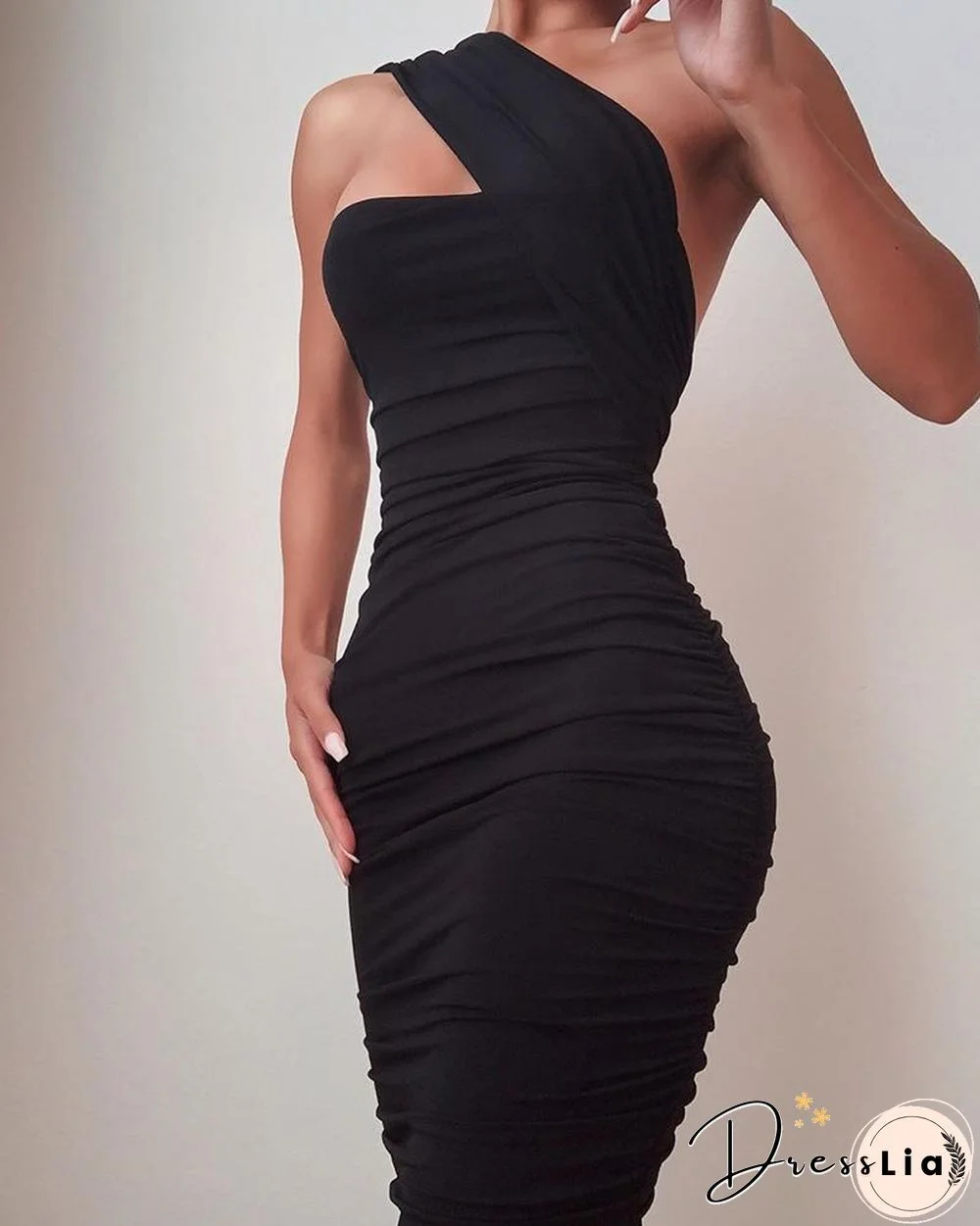 One Shoulder Sleeveless Ruched Bodycon Dress