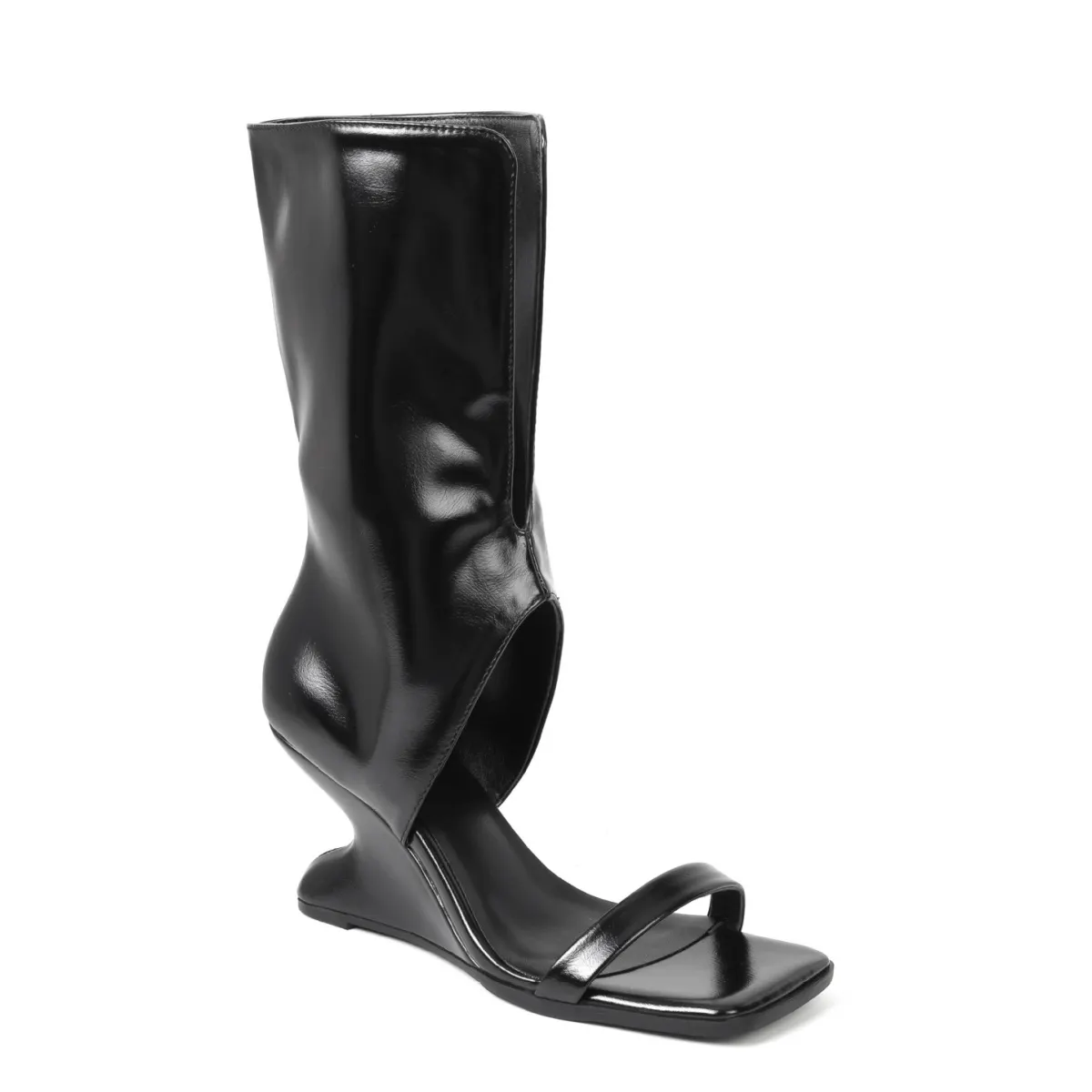 80mm Vintage Open Cut Mid-Calf Wedge Heel Sandals  Square Toe Leg Cover Boots-MERUMOTE