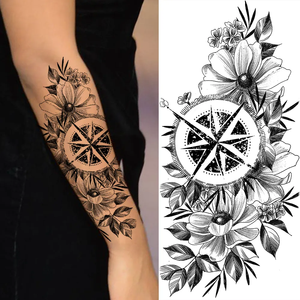Sdrawing Sunflower Butterfly Temporary Tattoos For Women Adult Rose Flower Moon Fake Tattoo Arm Body Art Decoration Tatoo Paper
