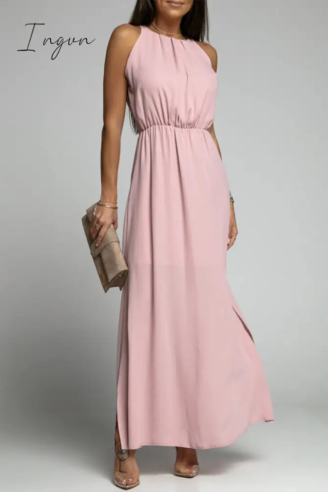 Ingvn - Elegant Solid Backless Slit O Neck Sleeveless Dress Dresses Pink / S Dresses/Chiffon