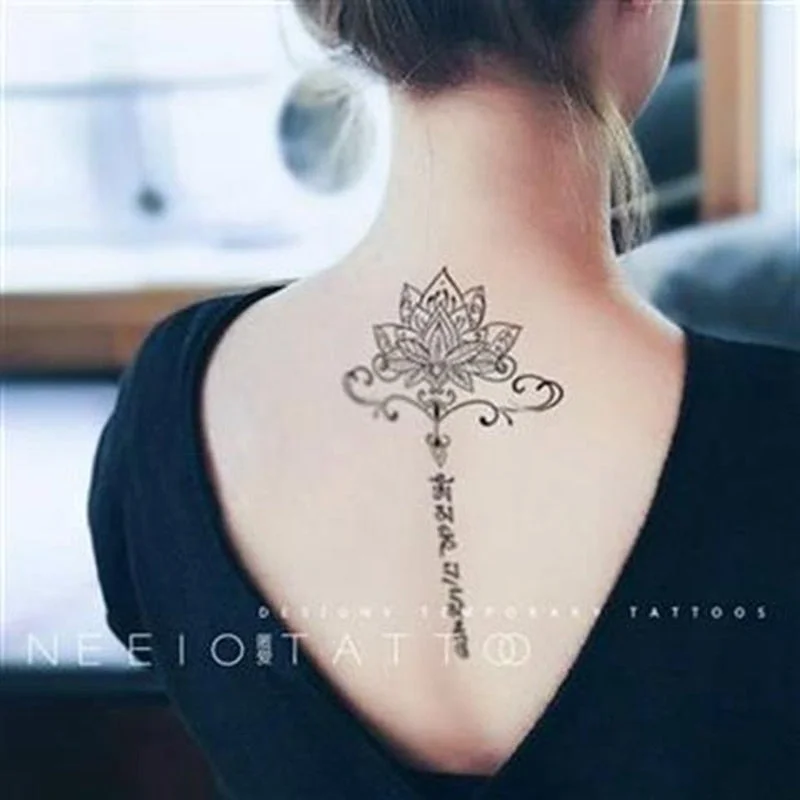 Black Lotus Totem Tattoo Stickers Waterproof Lasting Temporary Tattoo Sanskrit Art Fake Tattoo Back Arm Sexy Tattoos for Women