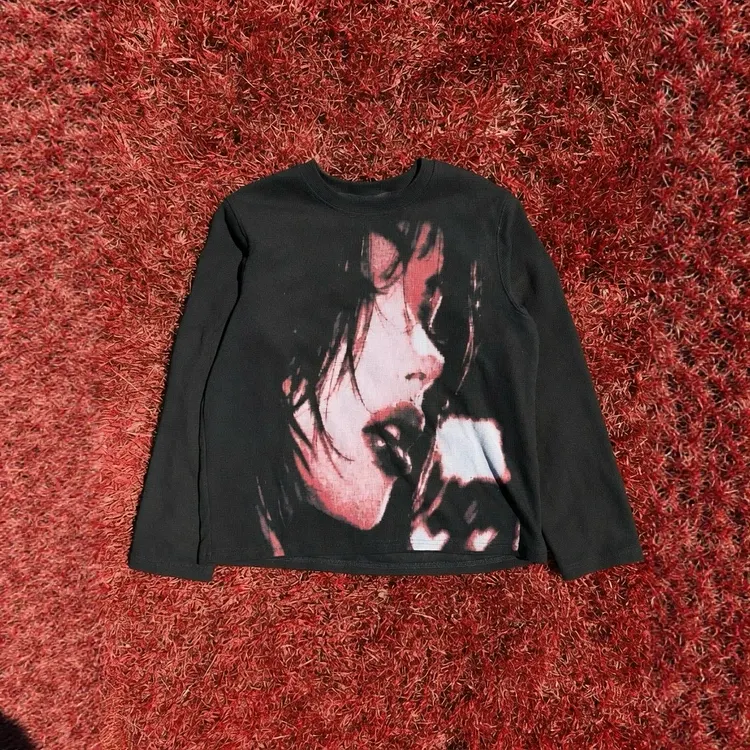 Retro Punk Japanese Character Fashion Print Crew Neck Long-sleeved T-shirt